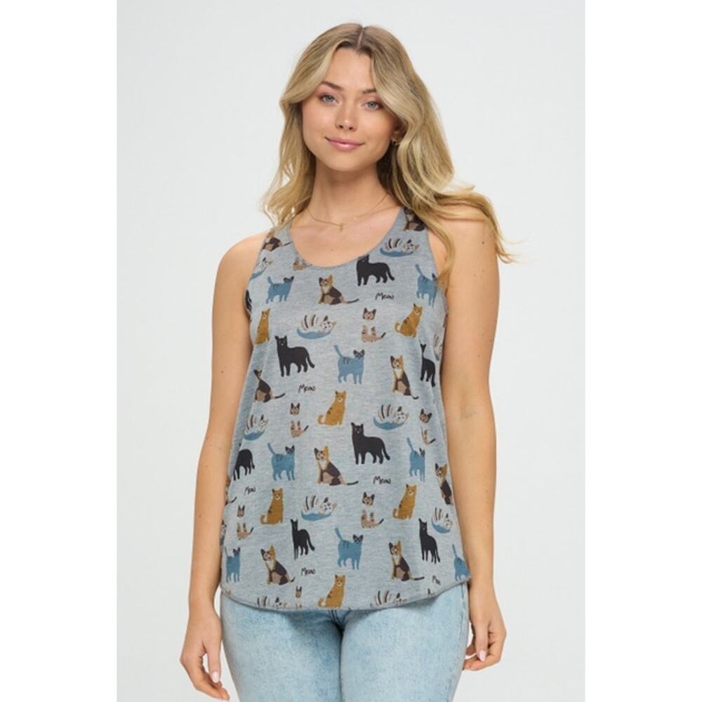 SM Wardrobe Grey Meow Cat Print Tank Top